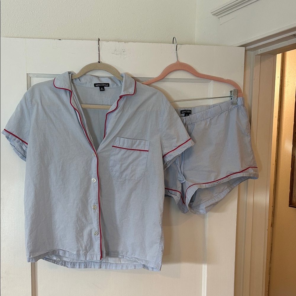 Women's Light Blue Pajama Set with Red Trim